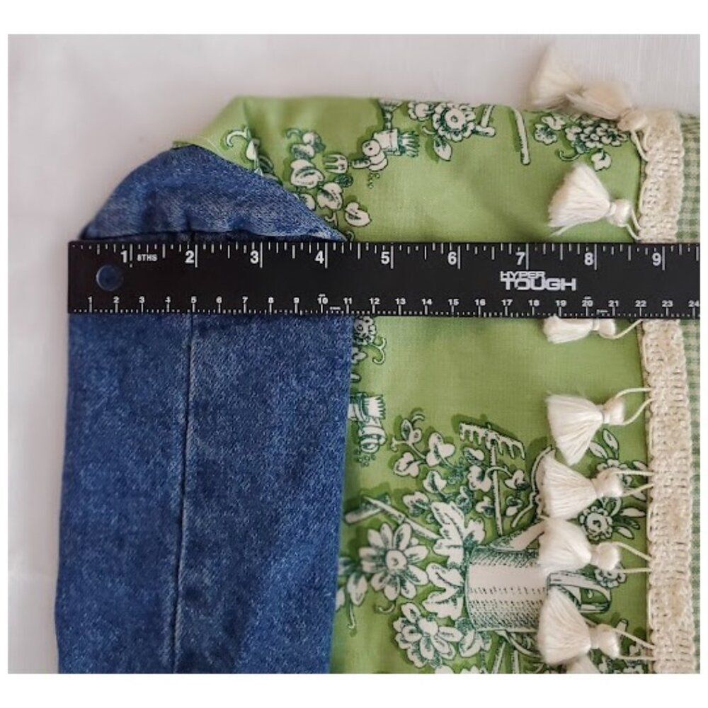Handmade Artisan Denim Toile Tote Bag Green Floral Tassel Trim Gingham Lined OS - Picture 6 of 7